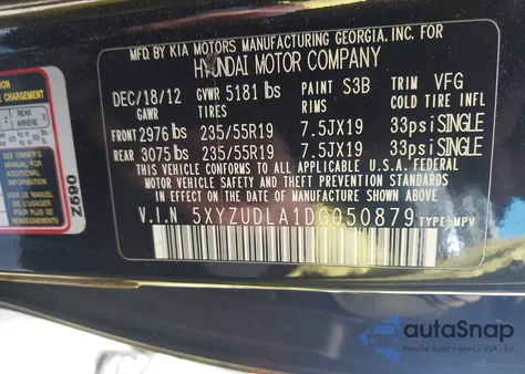 2013 Hyundai Santa Fe Sport 2.0T из США, поврежденный, VIN 5XYZUDLA1DG050879